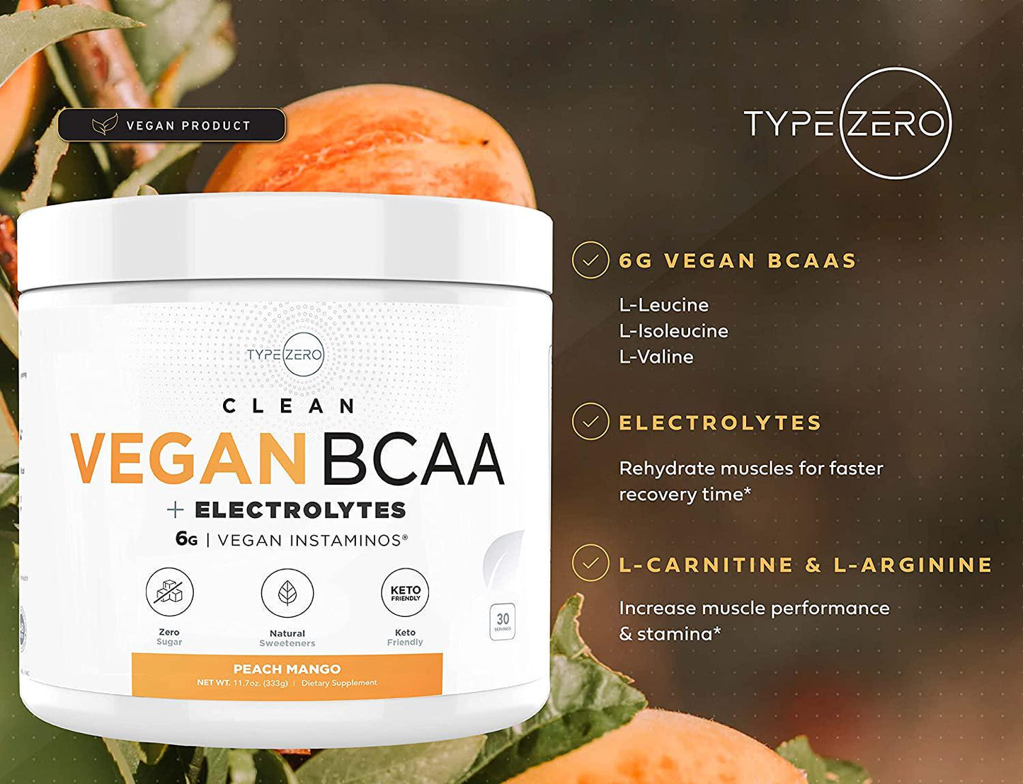 Ultra Clean Vegan BCAA Powder + Electrolytes (Peach Mango | 6G) 2:1:1 Sugar-Free/No Sucralose BCAAs Amino Acids Supplement for Women/Men - Best BCAA Vegan Amino Acids After Post Workout Recovery Drink