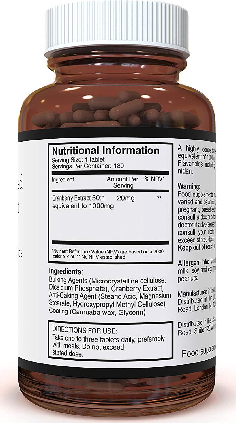 Ultra Concentrated Cranberry Extract 1000mg x 380 Tablets (2 Bottles of 180 Tablets – 1 Year Supply!) SKU: CRAN3x2