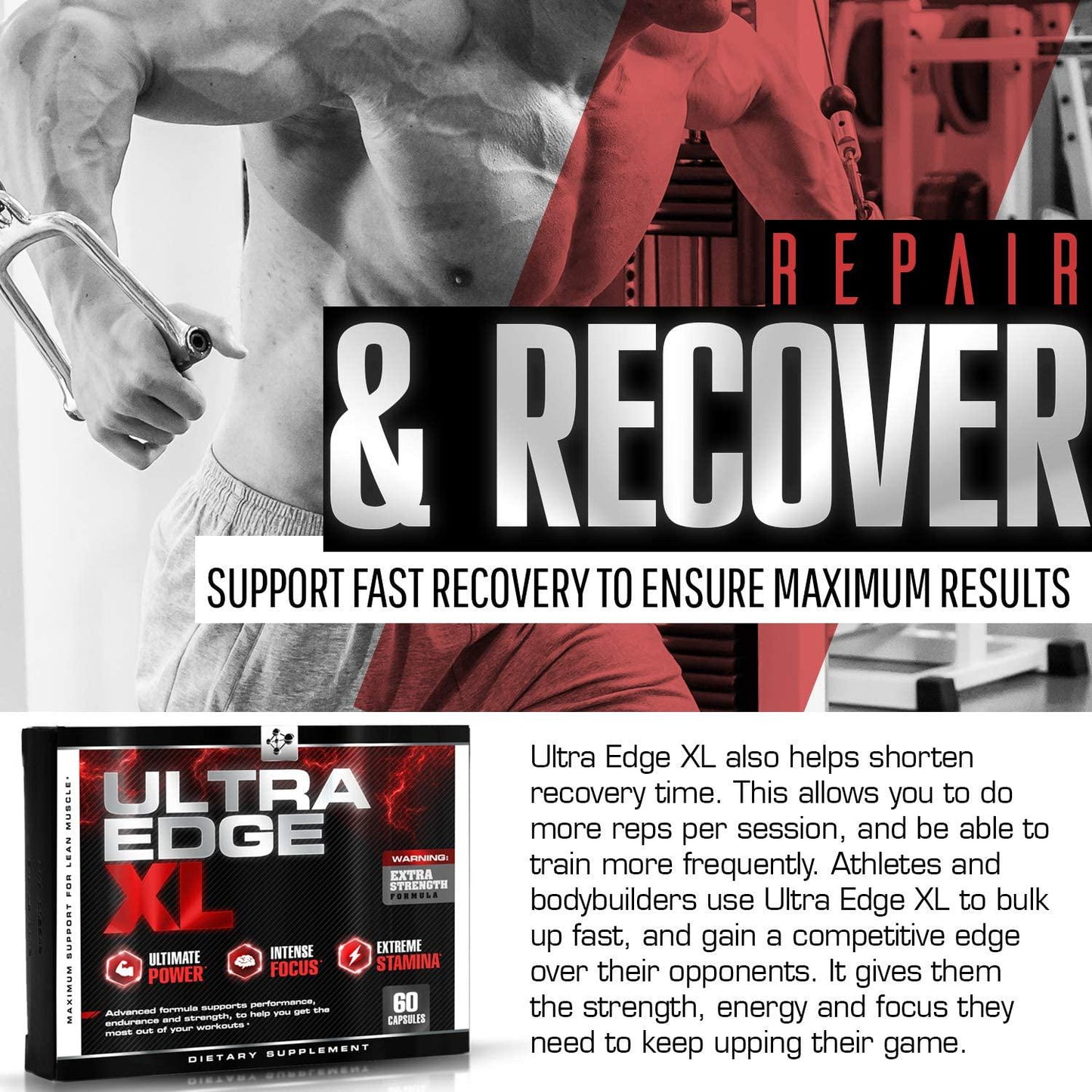 Ultra Edge XL - BCAA Bodybuilding Supplement -- Nitric Oxide Booster for Maximum Muscle Growth - Recovery - and Intensified Workouts - with Amino Acids L Glutamine - L Arginine (60 Capsules)