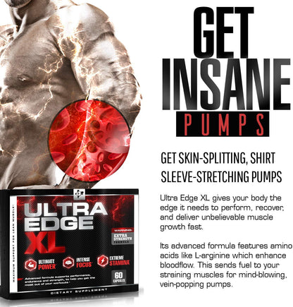 Ultra Edge XL - BCAA Bodybuilding Supplement -- Nitric Oxide Booster for Maximum Muscle Growth - Recovery - and Intensified Workouts - with Amino Acids L Glutamine - L Arginine (60 Capsules)