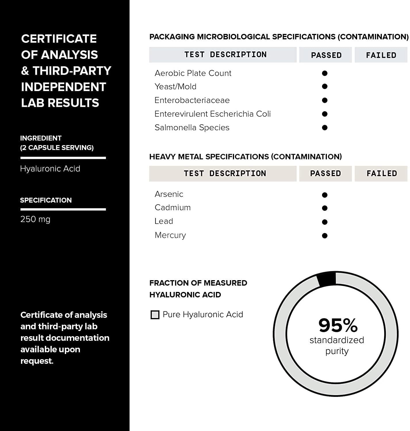 Ultra High Purity Hyaluronic Acid Capsules - 275mg Formula - Non-GMO Fermentation - High Strength with Vitamin C - 180 Capsules