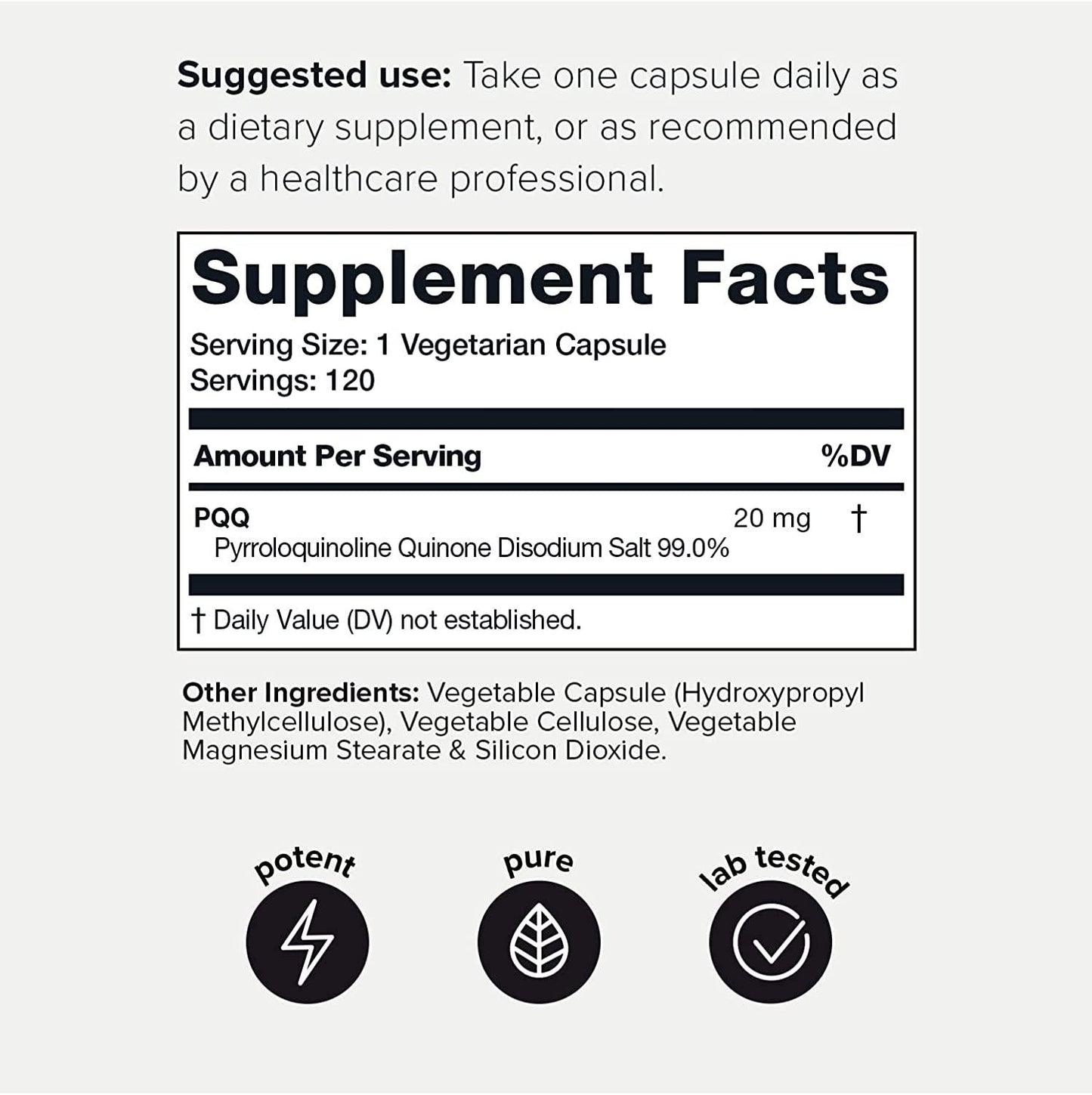 Ultra High Purity PQQ Capsules - 99.8%+ Pharmaceutical Grade for Increased Bioavailability - 120 Capsules - 20mg Concentrated Formula - Pyrroloquinoline Quinone Supplement