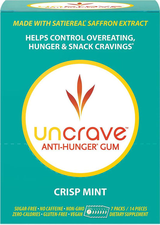 UnCrave Anti-Hunger Gum with Satiereal Saffron Extract - Control Compulsive Snacking, Overeating and Cravings for Healthy Weight Management - Improve Mood - Crisp Mint, Box of 7 Packs