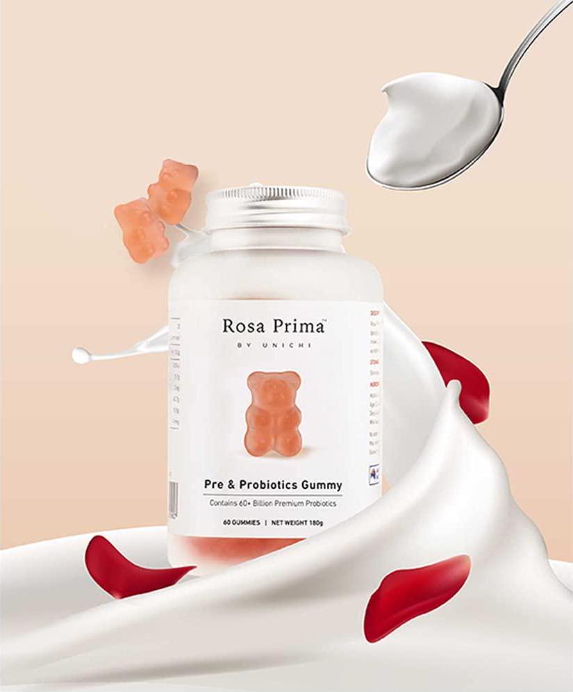Unichi Rose Prima Pre and Probiotics Gummy Yogurt Flavour, 60 count, Pink-orange
