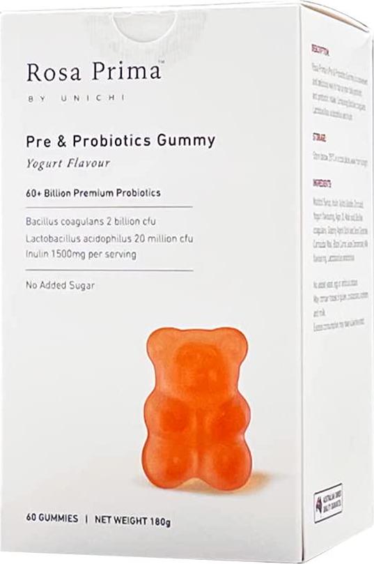 Unichi Rose Prima Pre and Probiotics Gummy Yogurt Flavour, 60 count, Pink-orange