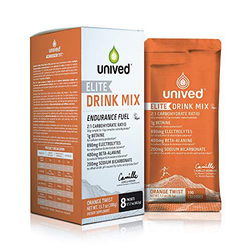 Unived Elite Drink Mix, 2:1 Carbohydrate Ratio, 45g Carbs, 1gm Betaine, 890mg Electrolytes, 400mg Beta-Alanine, 200mg Sodium Bicarbonate, 190kcal, Vegan and Gluten-Free, Orange Twist