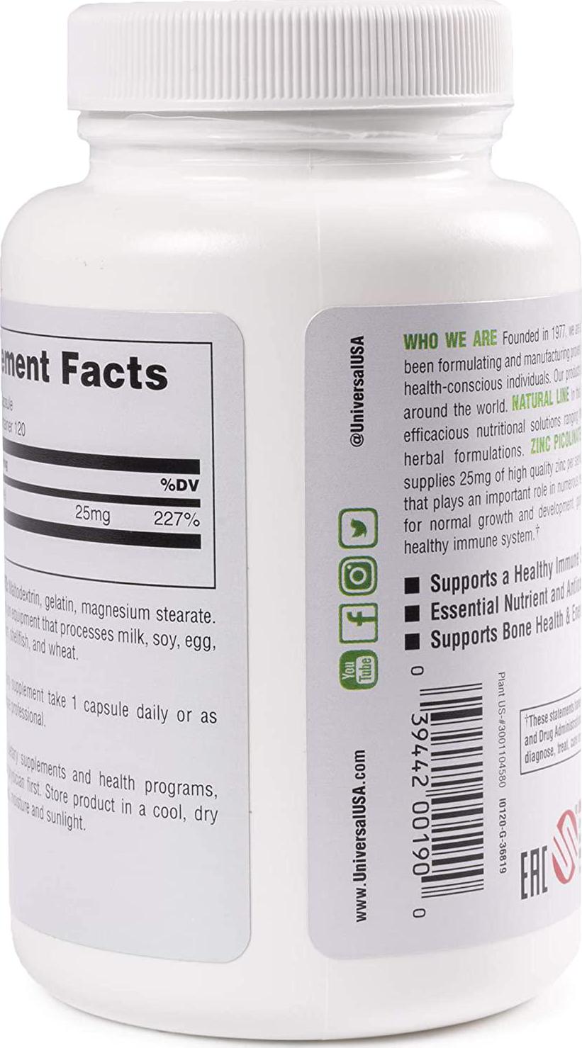 Universal Nutrition Zinc Picolinate - 25mg of Zinc Picolinate- 4 Month Supply - 1 Capsule Per Serving - 120 Capsules, 120 Count