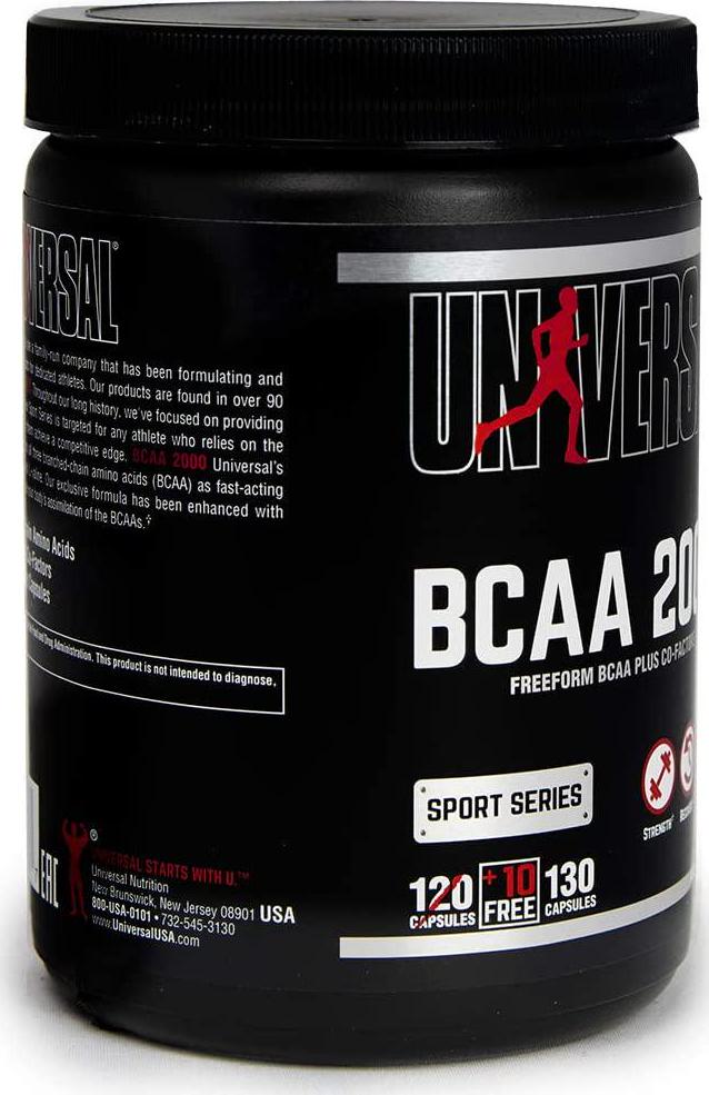 Universal Nutrition BCAA 2000 Pure Capsules, Free Form BCAAs with Co-Factors, 120-Count Bottles