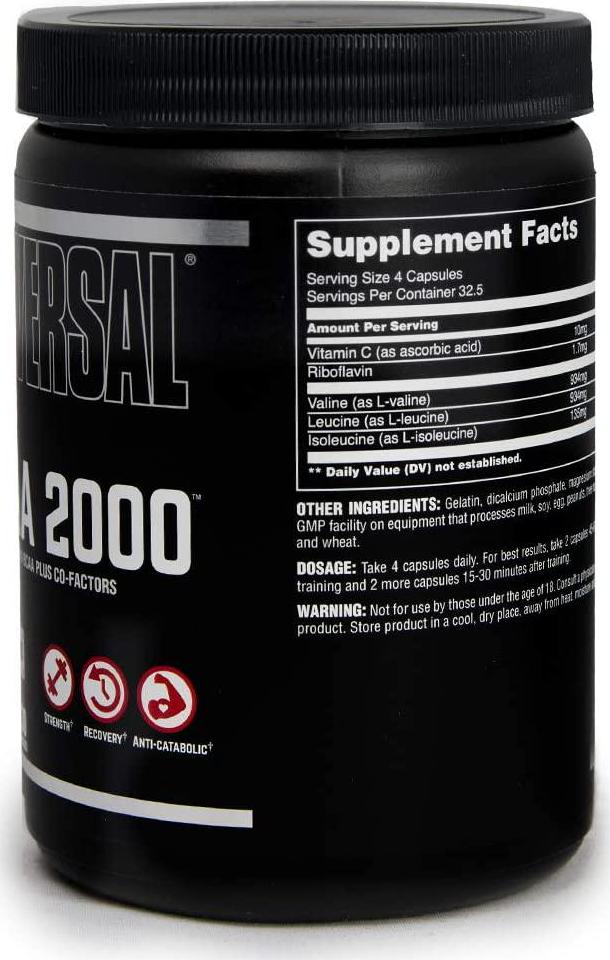 Universal Nutrition BCAA 2000 Pure Capsules, Free Form BCAAs with Co-Factors, 120-Count Bottles