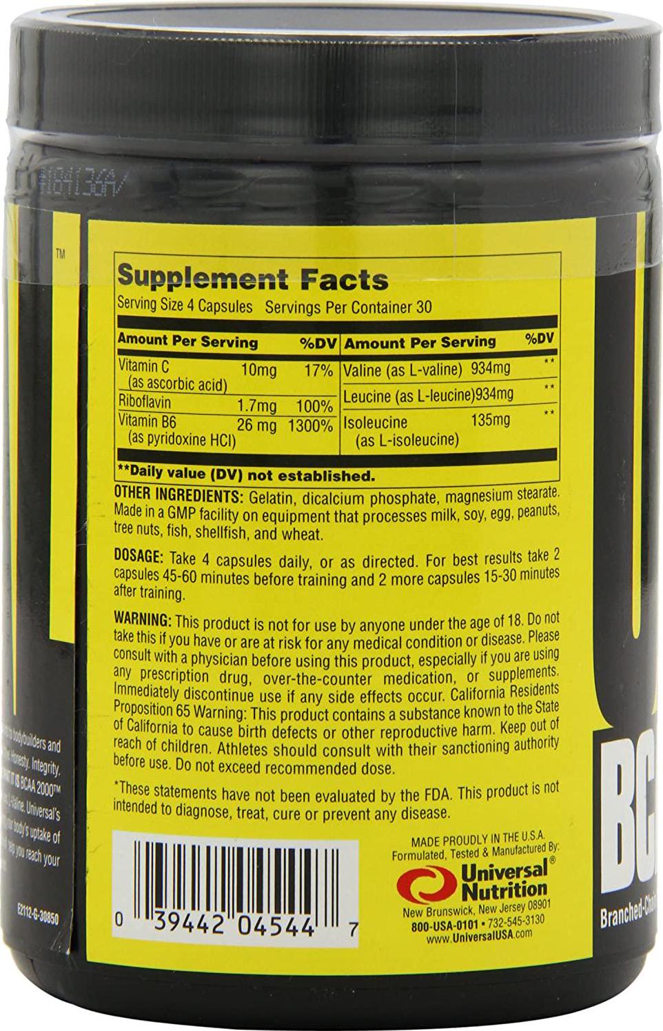 Universal Nutrition BCAA 2000 Pure Capsules, Free Form BCAAs with Co-Factors, 120-Count Bottles