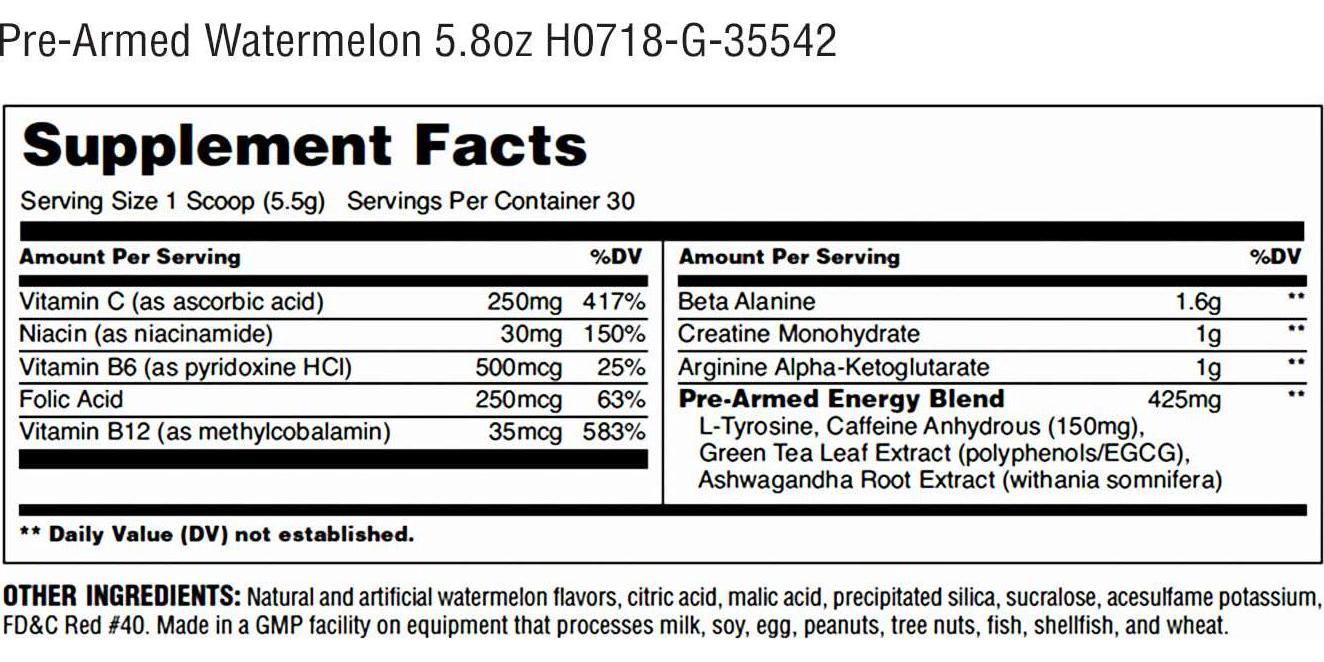 Universal Nutrition Pre-Armed Powerful Pre-Workout Powder: All in One, Energy and Focus Enhanced with B-Vitamins, Watermelon, 30 Count