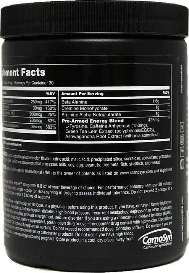Universal Nutrition Pre-Armed Powerful Pre-Workout Powder: All in One, Energy and Focus Enhanced with B-Vitamins, Watermelon, 30 Count