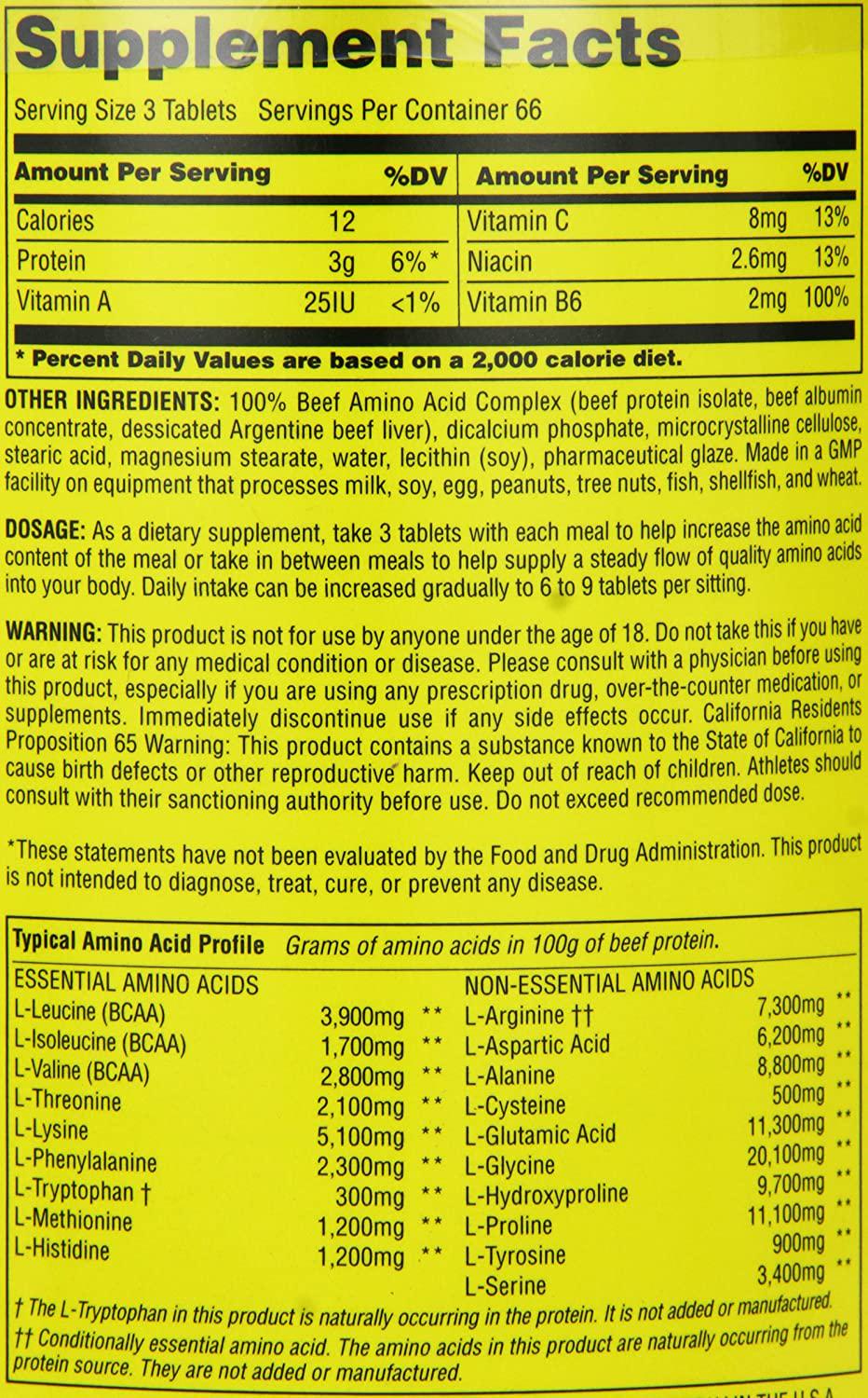 Universal Nutrition - 100% Beef Aminos -3g of Beef Protein Isolate for Recovery and Growth - 200 Tabs