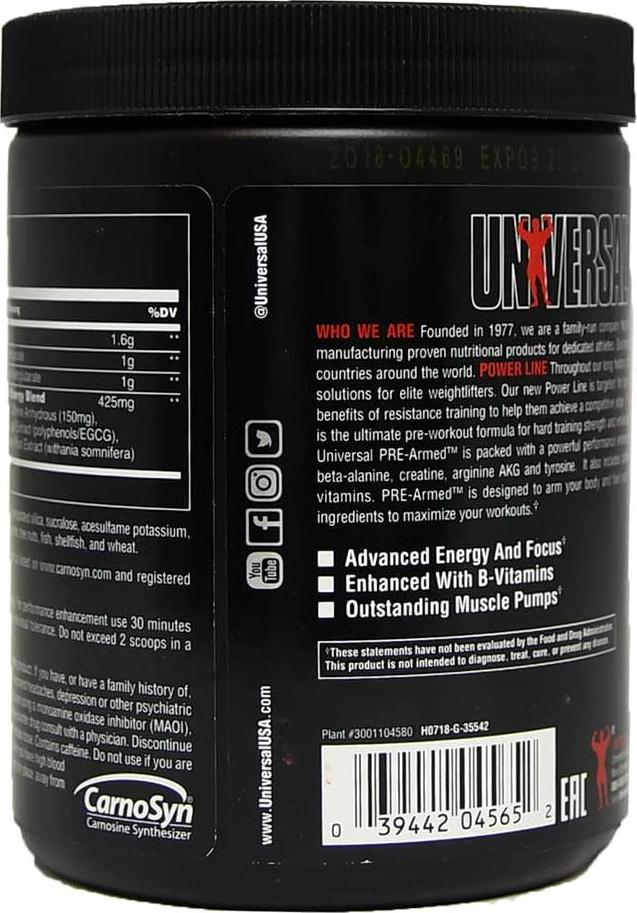 Universal Nutrition Pre-Armed Powerful Pre-Workout Powder: All in One, Energy and Focus Enhanced with B-Vitamins, Watermelon, 30 Count