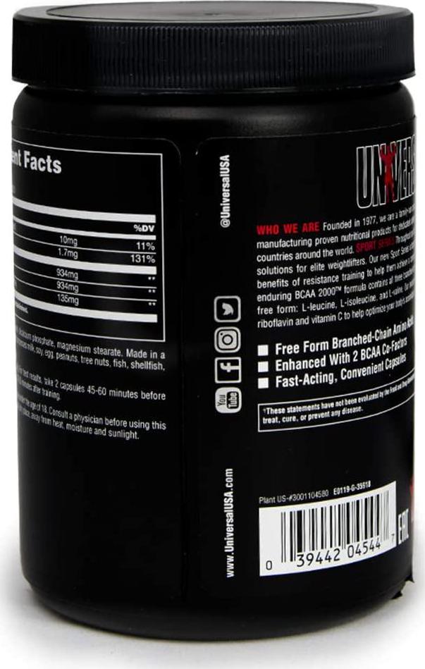 Universal Nutrition BCAA 2000 Pure Capsules, Free Form BCAAs with Co-Factors, 120-Count Bottles