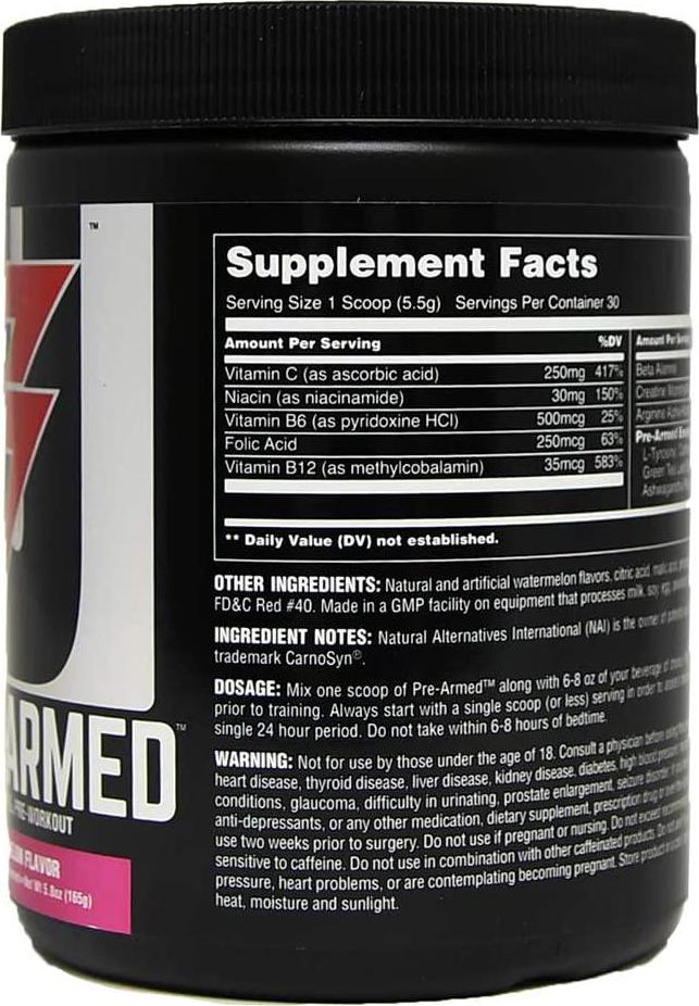 Universal Nutrition Pre-Armed Powerful Pre-Workout Powder: All in One, Energy and Focus Enhanced with B-Vitamins, Watermelon, 30 Count