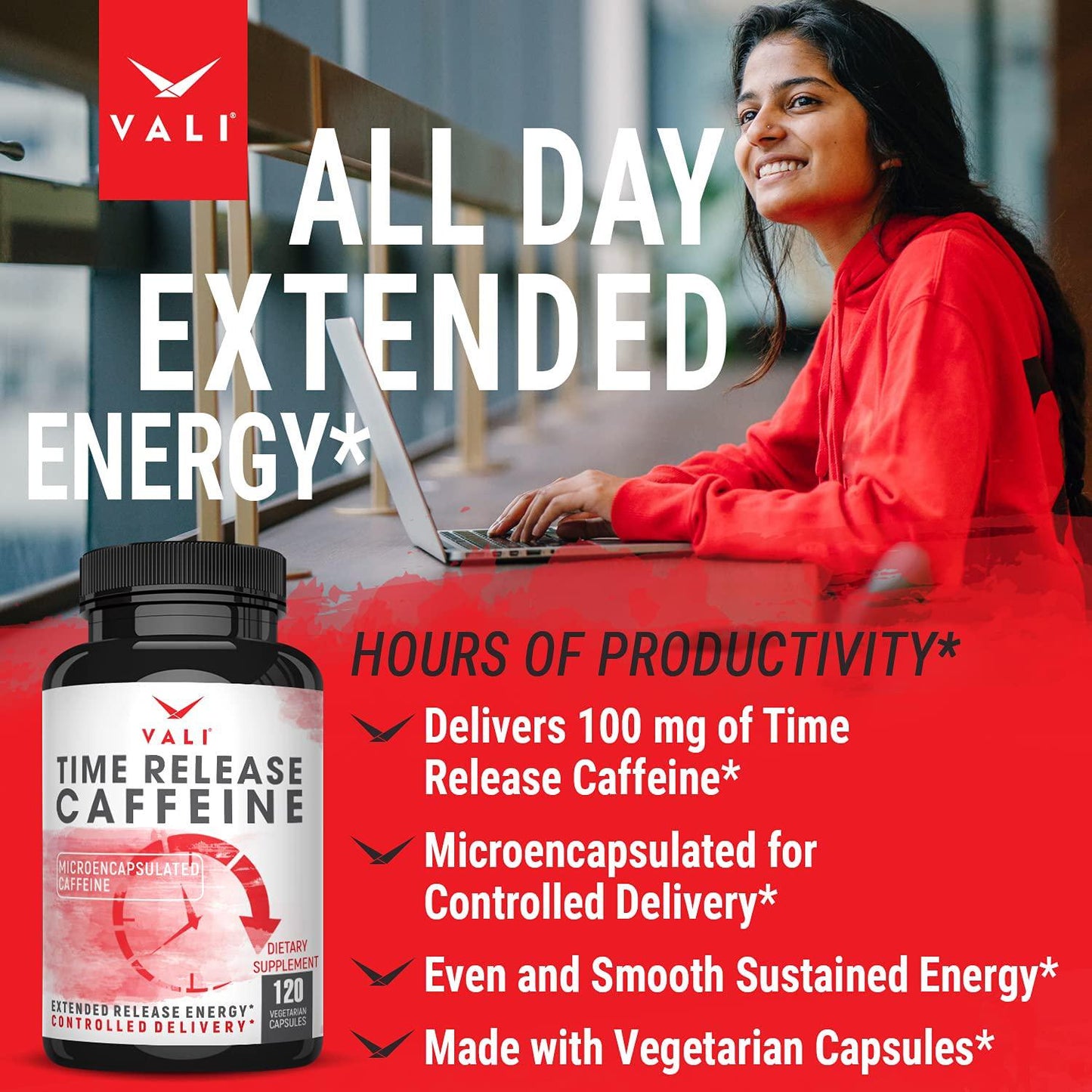 VALI Time Release Caffeine 100mg Pills - Smart Slow Release for Extended Energy and Focus. Advanced Nootropic Supplement. Brain Booster for Active Performance, Alertness and Clarity. 120 Veggie Capsules