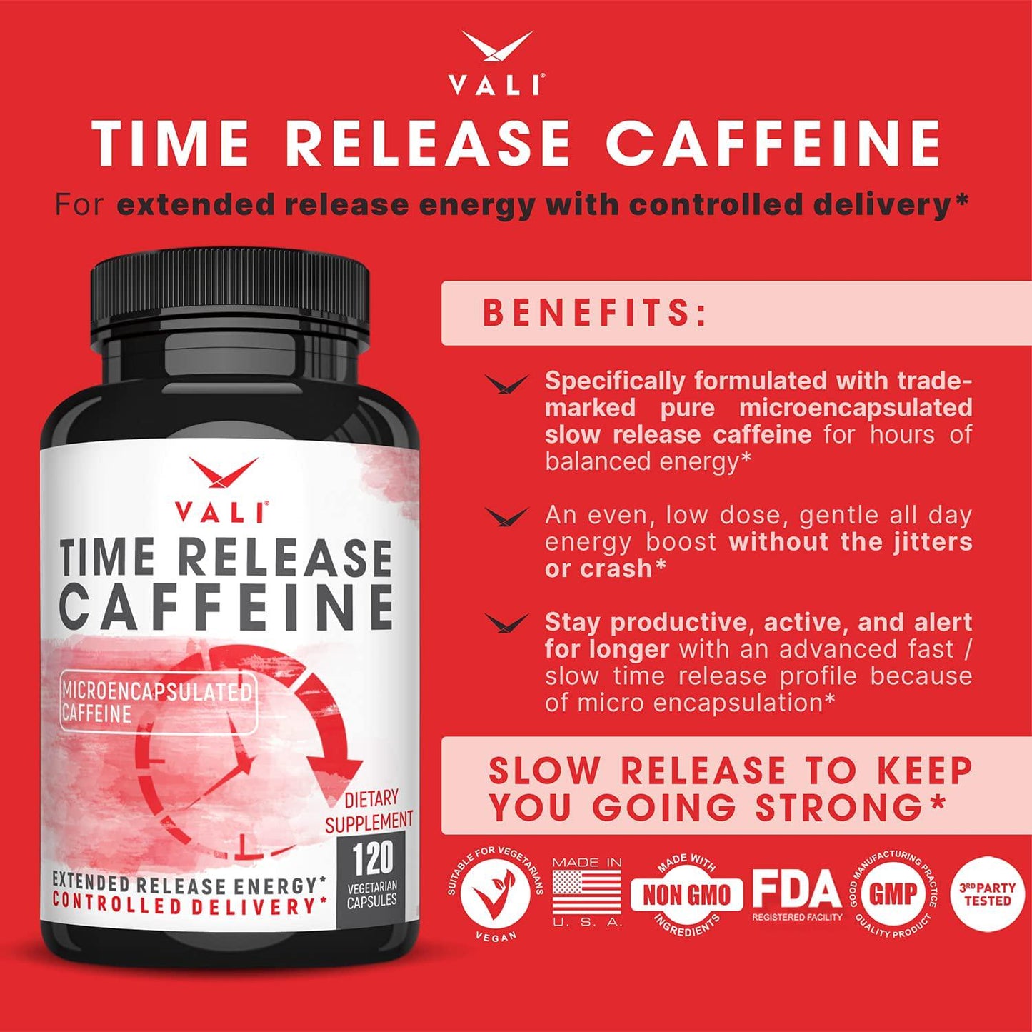 VALI Time Release Caffeine 100mg Pills - Smart Slow Release for Extended Energy and Focus. Advanced Nootropic Supplement. Brain Booster for Active Performance, Alertness and Clarity. 120 Veggie Capsules