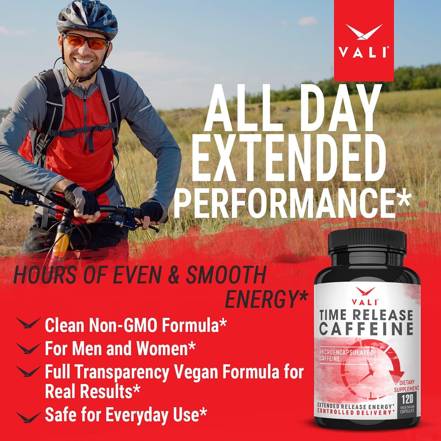 VALI Time Release Caffeine 100mg Pills - Smart Slow Release for Extended Energy and Focus. Advanced Nootropic Supplement. Brain Booster for Active Performance, Alertness and Clarity. 120 Veggie Capsules