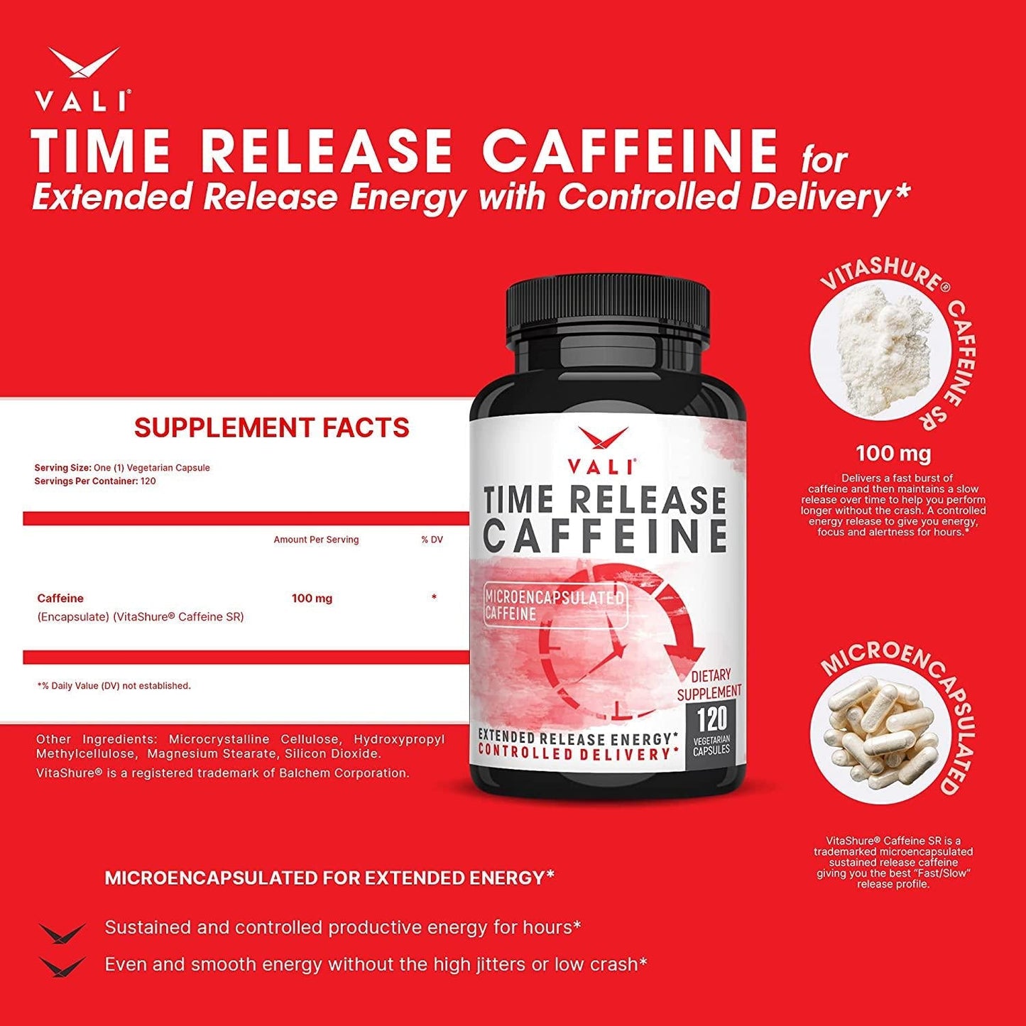 VALI Time Release Caffeine 100mg Pills - Smart Slow Release for Extended Energy and Focus. Advanced Nootropic Supplement. Brain Booster for Active Performance, Alertness and Clarity. 120 Veggie Capsules