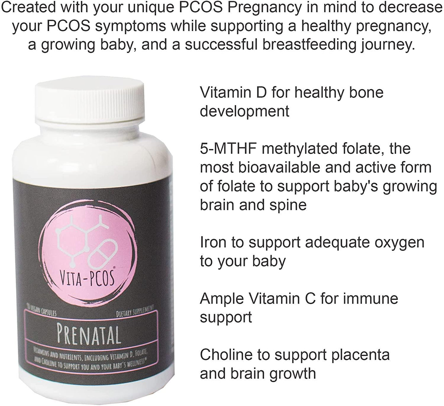 VITA-PCOS Vegan Prenatal Vitamin for Women PCOS Supplement | Natural Poly CS Support Vitamins with Folic Acid / Folate, Iron, Choline, and More | Gelatin Free | 90 Count Multivitamin Capsules