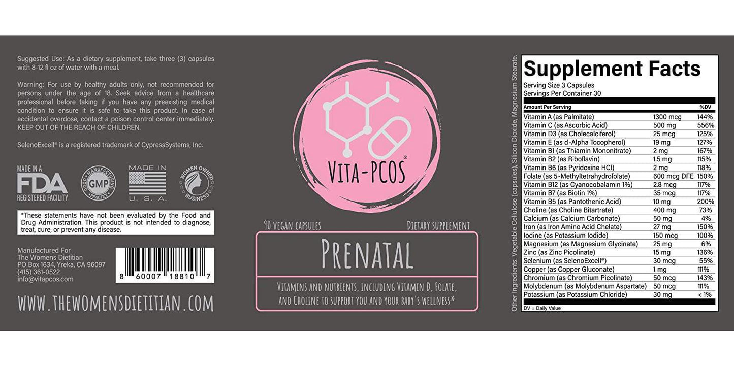 VITA-PCOS Vegan Prenatal Vitamin for Women PCOS Supplement | Natural Poly CS Support Vitamins with Folic Acid / Folate, Iron, Choline, and More | Gelatin Free | 90 Count Multivitamin Capsules