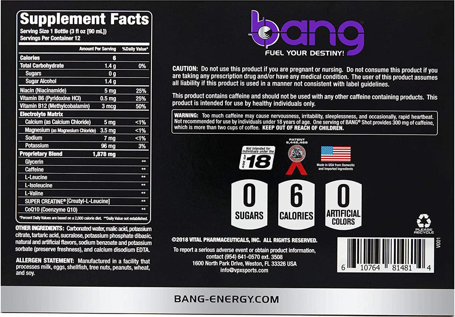 VPX, Bang Carbonated Energy Shot, Purple Haze, 3 Fl. Oz. (Case of 12)