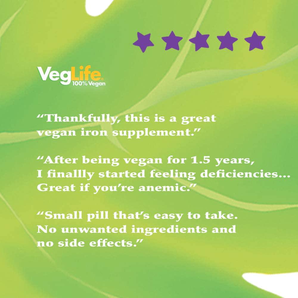 VegLife Vegan Iron 25 mg | Plus Vitamin C, Folic Acid, B-12 and VegiBlend Food Base | Plant Based Iron Supplement for Women and Men | 100 Tablets