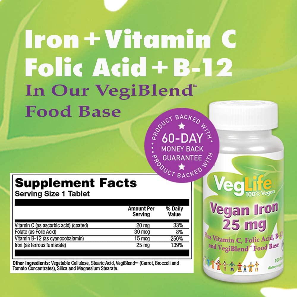 VegLife Vegan Iron 25 mg | Plus Vitamin C, Folic Acid, B-12 and VegiBlend Food Base | Plant Based Iron Supplement for Women and Men | 100 Tablets