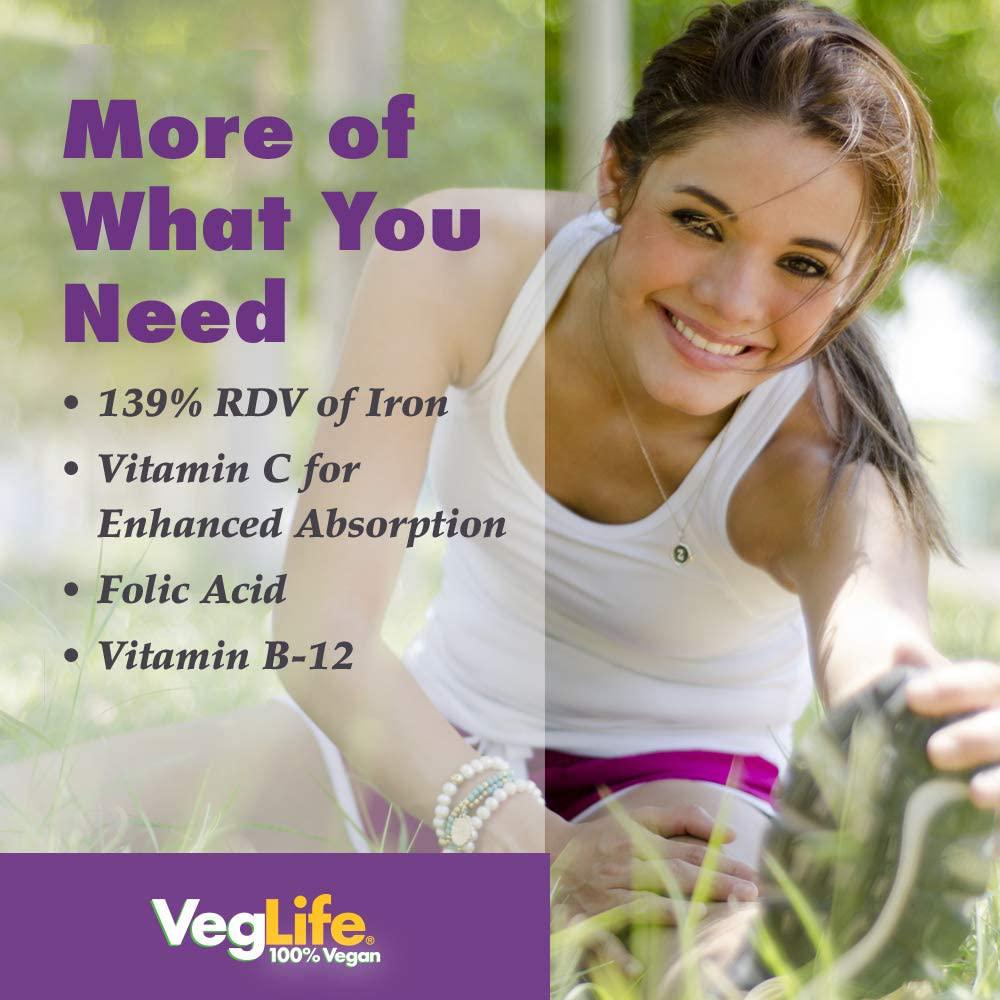 VegLife Vegan Iron 25 mg | Plus Vitamin C, Folic Acid, B-12 and VegiBlend Food Base | Plant Based Iron Supplement for Women and Men | 100 Tablets