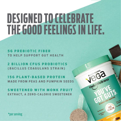 Vega Hello Wellness You ve Got Guts Blender Free Smoothie, Choco Cinnamon Banana (14 Servings, 14.3oz) - Plant Based Vegan Protein Powder, 5g Prebiotic Fiber, 0g Added Sugar