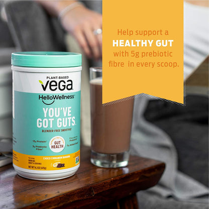 Vega Hello Wellness You ve Got Guts Blender Free Smoothie, Choco Cinnamon Banana (14 Servings, 14.3oz) - Plant Based Vegan Protein Powder, 5g Prebiotic Fiber, 0g Added Sugar