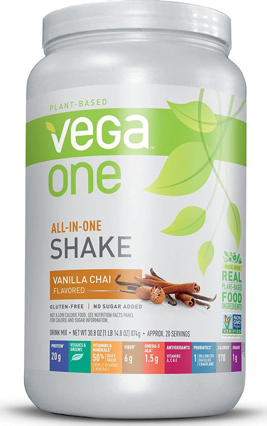 Vega One All-in-One Nutritional Shake Vanilla Chai (Tub, 30.8oz) - Plant Based Vegan Protein Powder, Non Dairy, Gluten Free, Non GMO