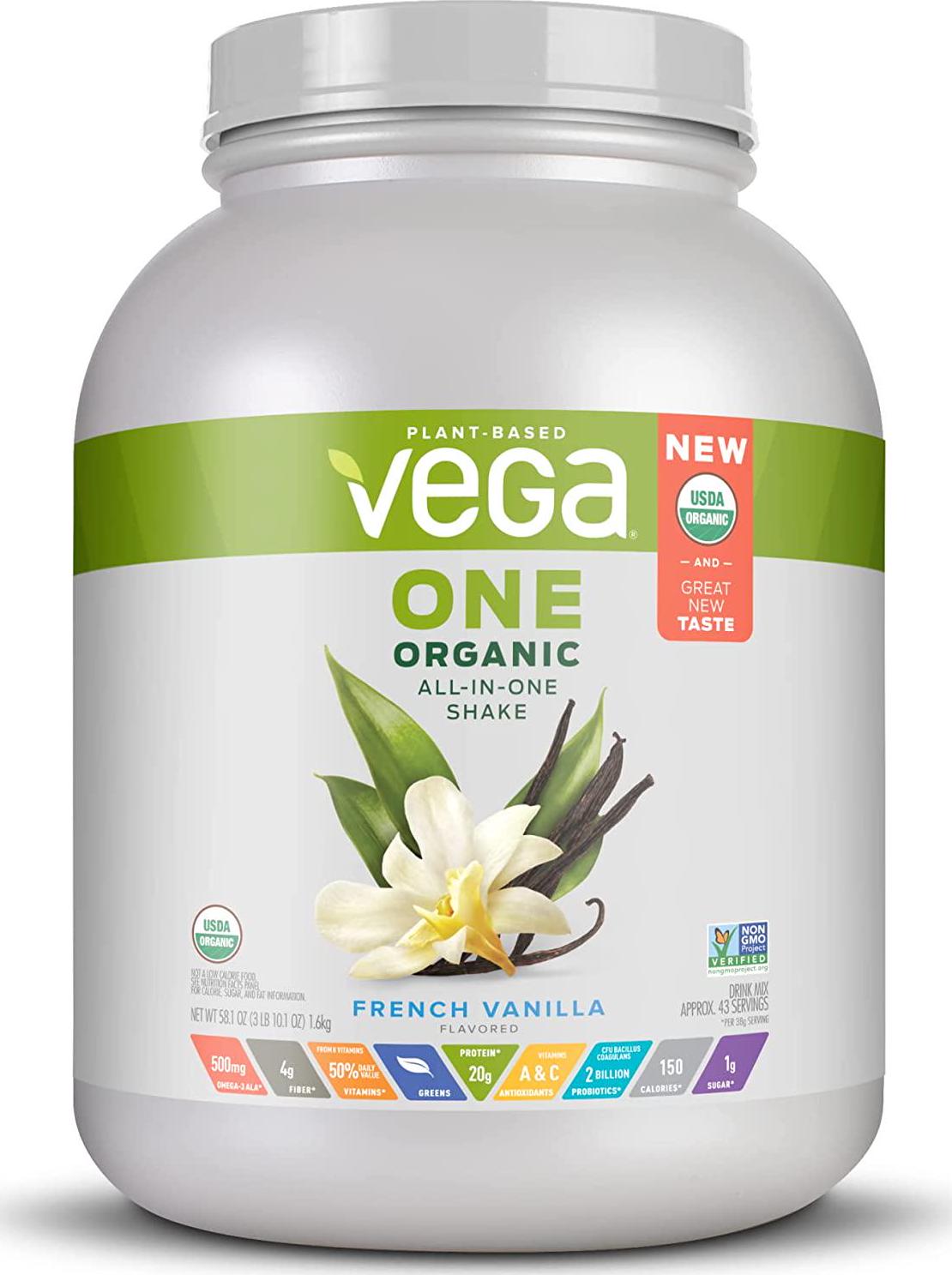 Vega One Organic All-in-One Shake French Vanilla XL (43 Servings, 58.1oz) - Plant Based Vegan Protein Powder, Non Dairy, Gluten Free, Non GMO