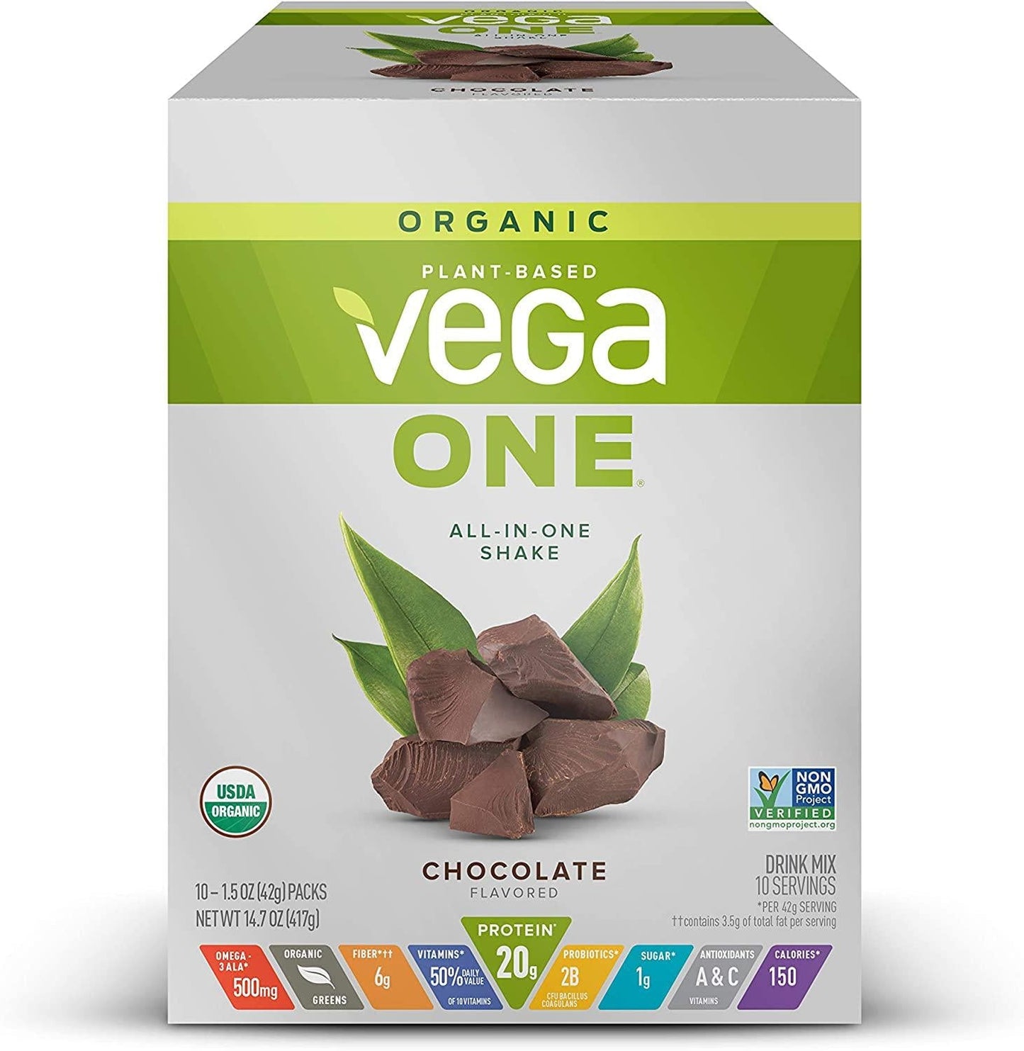 Vega Organic All-in-One Vegan Protein Powder Chocolate (10 Sachets) Superfood Ingredients, Vitamins for Immunity Support, Keto Friendly, Pea Protein for Women and Men, 14.7oz (Packaging May Vary)