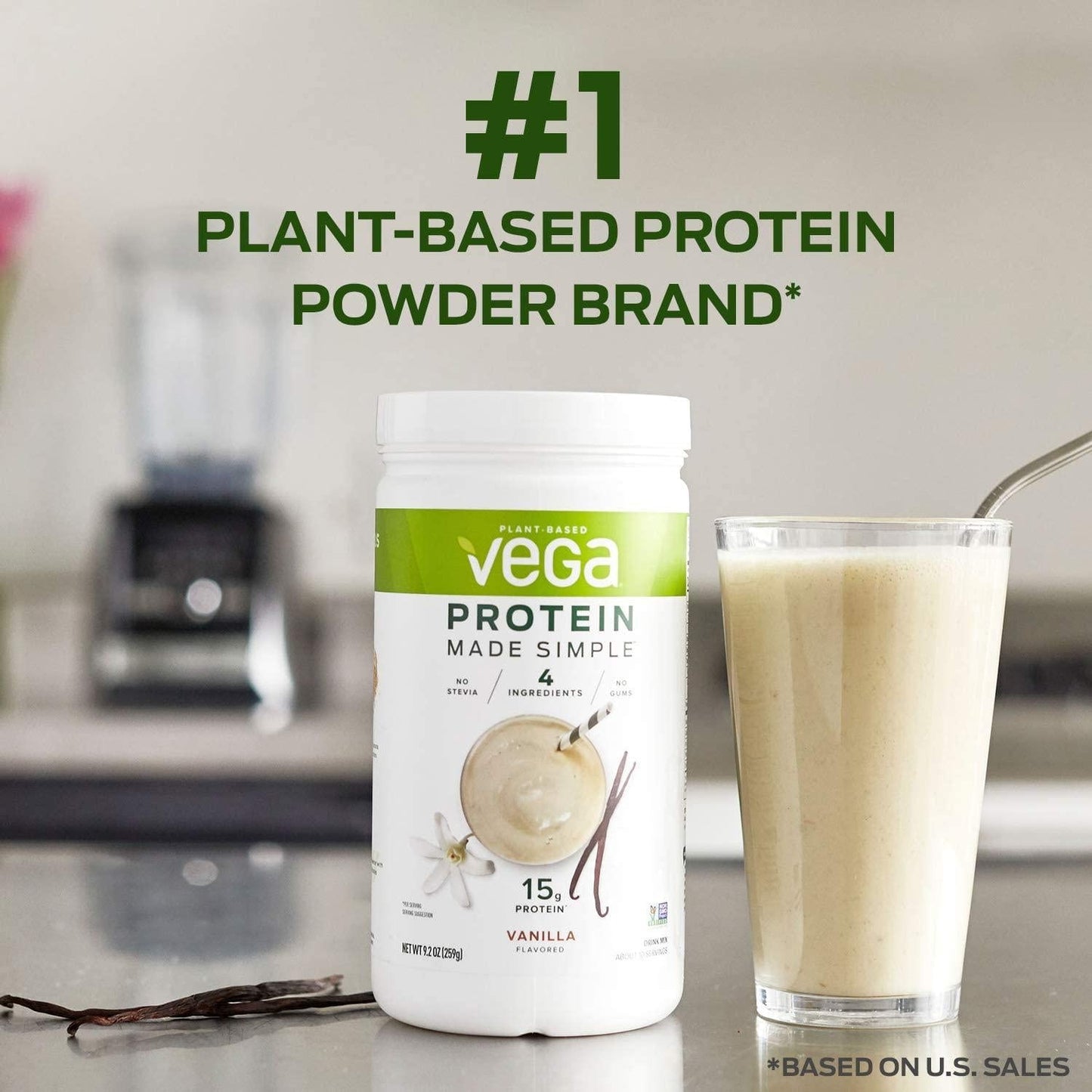 Vega Protein Made Simple, Vanilla, Stevia Free Vegan Plant Based Protein Powder, Healthy, Gluten Free, Pea Protein for Women and Men, 9.2 Ounces (10 Servings)