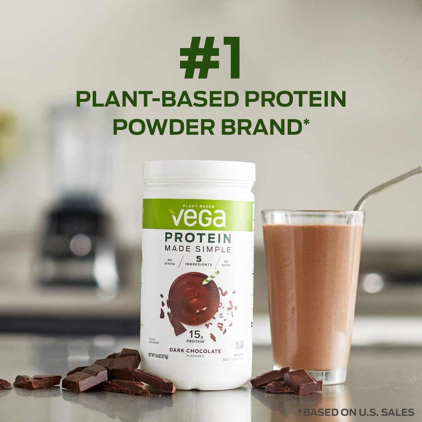 Vega Protein Made Simple, Dark Chocolate, Stevia Free Vegan Plant Based Protein Powder, Healthy, Gluten Free, Pea Protein for Women and Men, 9.6 Ounces (10 Servings) (VEG00151)