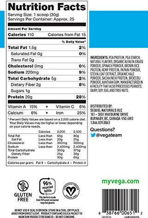 Vega Protein and Greens Tub Powder Vanilla 26.8 Ounce - Plant Based Protein Powder, Gluten Free, Non Dairy, Vegan, Non Soy, Non GMO