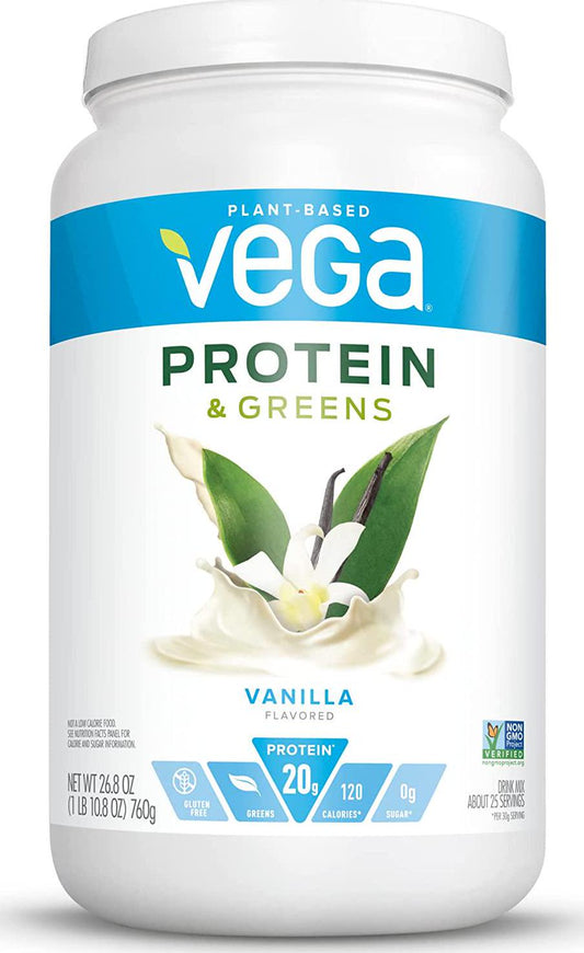 Vega Protein and Greens Vanilla (25 Servings, 26.8 Ounce) - Vegan Plant Based Protein Powder Shake, Gluten Free, Non Dairy, Non Soy, Non GMO