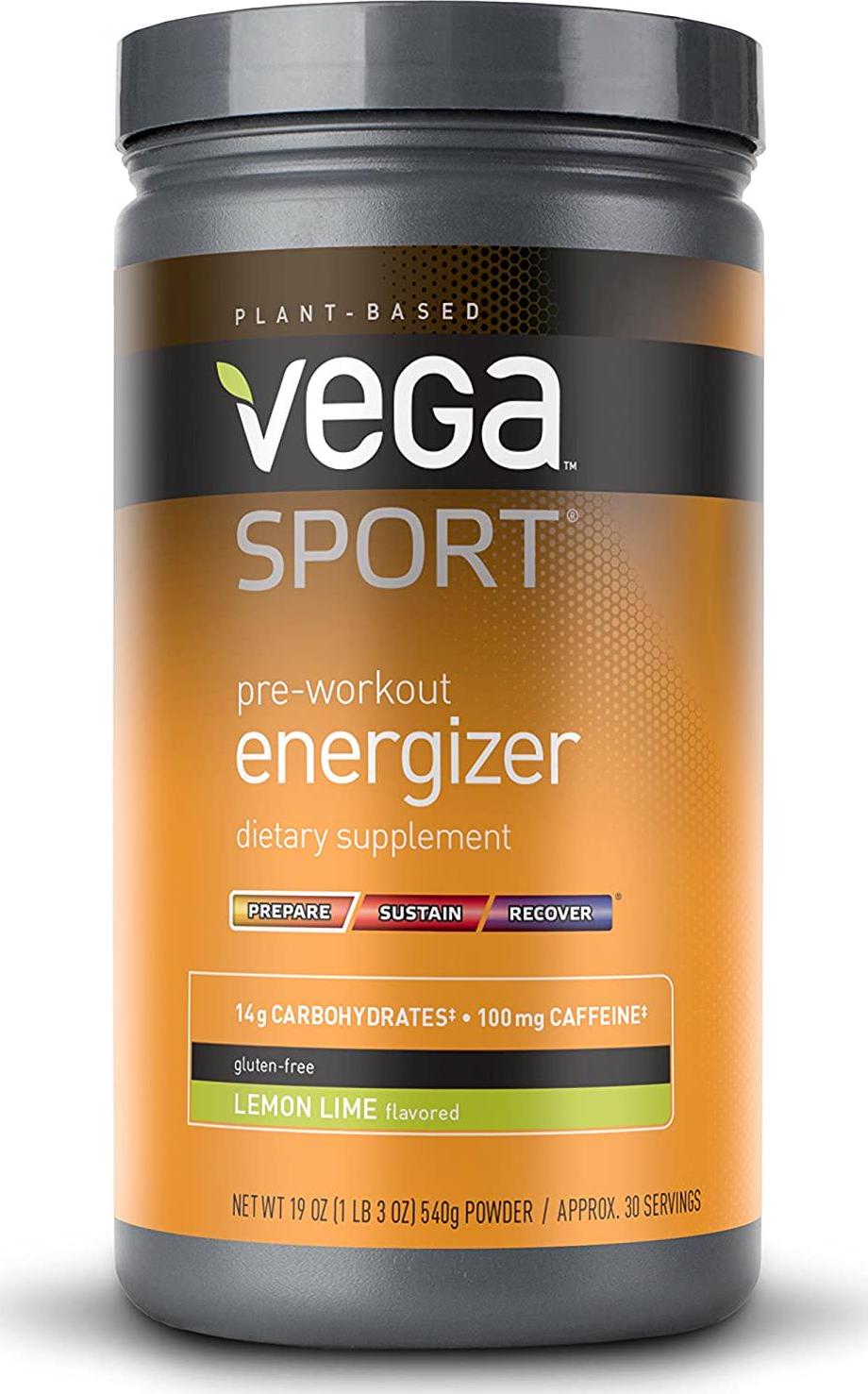 Vega Sport Pre-Workout Energizer Lemon Lime (19oz, 30 Servings) - Vegan, Gluten Free, All Natural, Pre Workout Powder, Non GMO