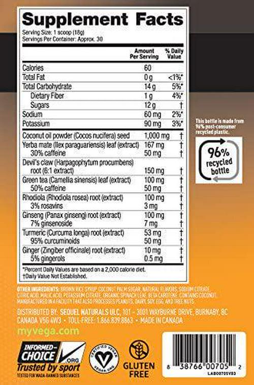 Vega Sport Pre-Workout Energizer Lemon Lime (19oz, 30 Servings) - Vegan, Gluten Free, All Natural, Pre Workout Powder, Non GMO