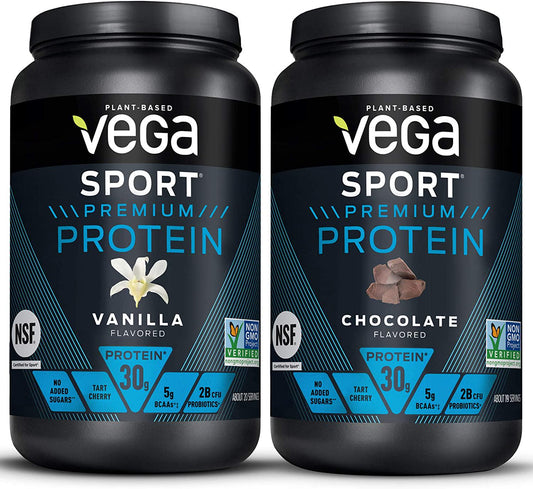 Vega Sport Premium Protein Powder Bundle, Chocolate + Vanilla, Plant Based Protein Powder Post Workout - Certified Vegan, Vegetarian, Keto-Friendly, Gluten Free, Dairy Free, BCAA Amino Acids