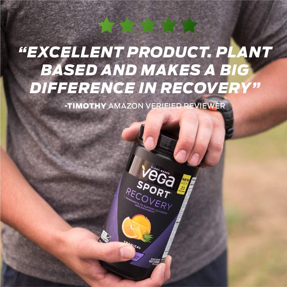 Vega Sport Recovery,Tropical, Post Workout Recovery Drink for Women and Men, Electrolytes, Carbohydrates, B-Vitamins, Vitamin C and Protein, Vegan, Gluten Free, Dairy Free (20 Servings)