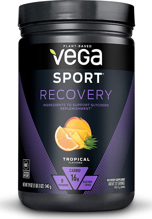 Vega Sport Recovery,Tropical, Post Workout Recovery Drink for Women and Men, Electrolytes, Carbohydrates, B-Vitamins, Vitamin C and Protein, Vegan, Gluten Free, Dairy Free (20 Servings)