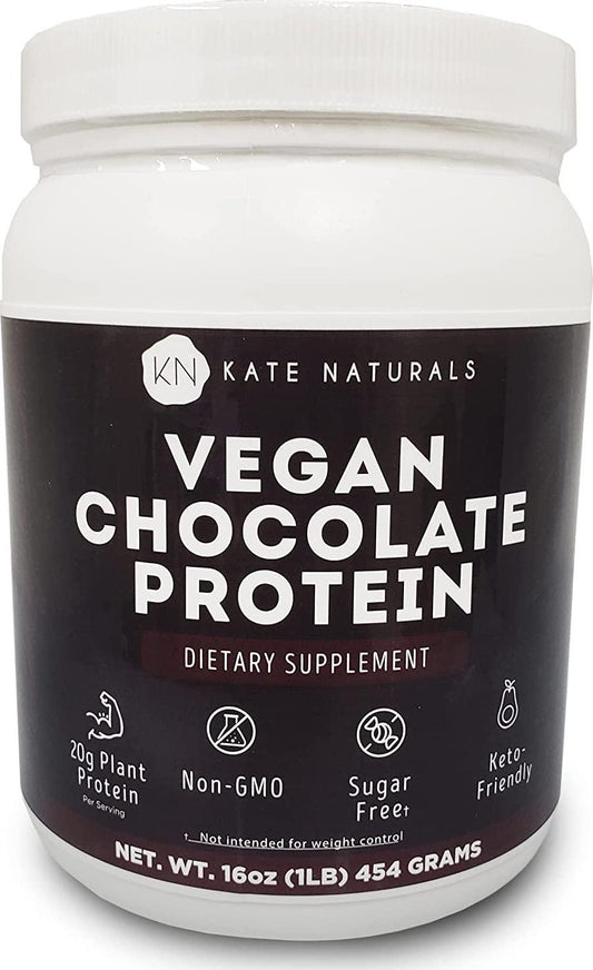 Vegan Chocolate Protein Powder 1lb by Kate Naturals. A Gluten-Free, Soy-Free, Non-Dairy Protein Supplement in a Convenient Resealable Container.