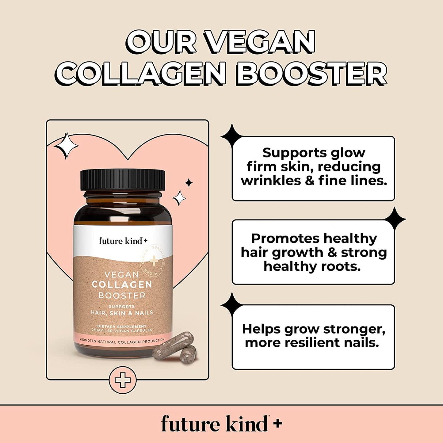 Vegan Collagen Booster - Future Kind Vegan Collagen Capsules Booster with Vegan Collagen Powder - Collagen Vegan Builder with Silica, Biotin Grape Seed Extract - 60 Capsules