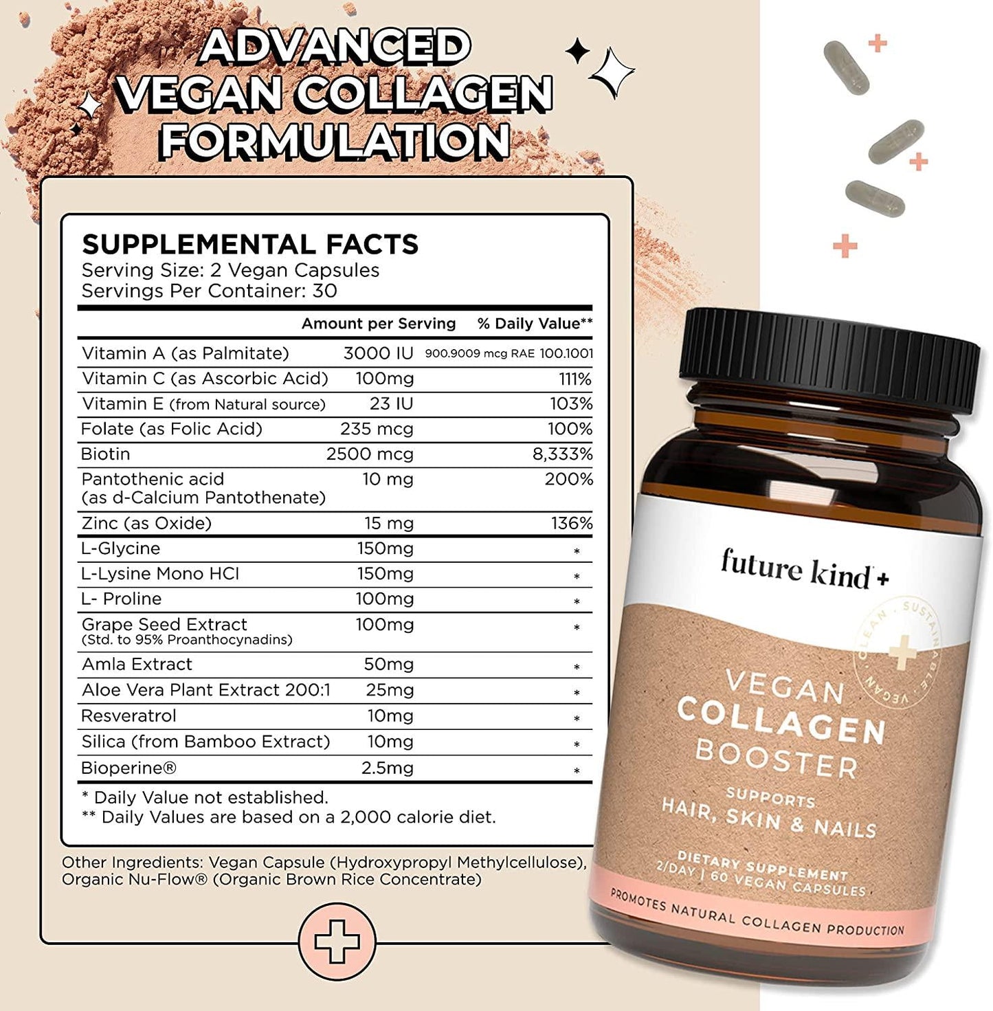 Vegan Collagen Booster - Future Kind Vegan Collagen Capsules Booster with Vegan Collagen Powder - Collagen Vegan Builder with Silica, Biotin Grape Seed Extract - 60 Capsules