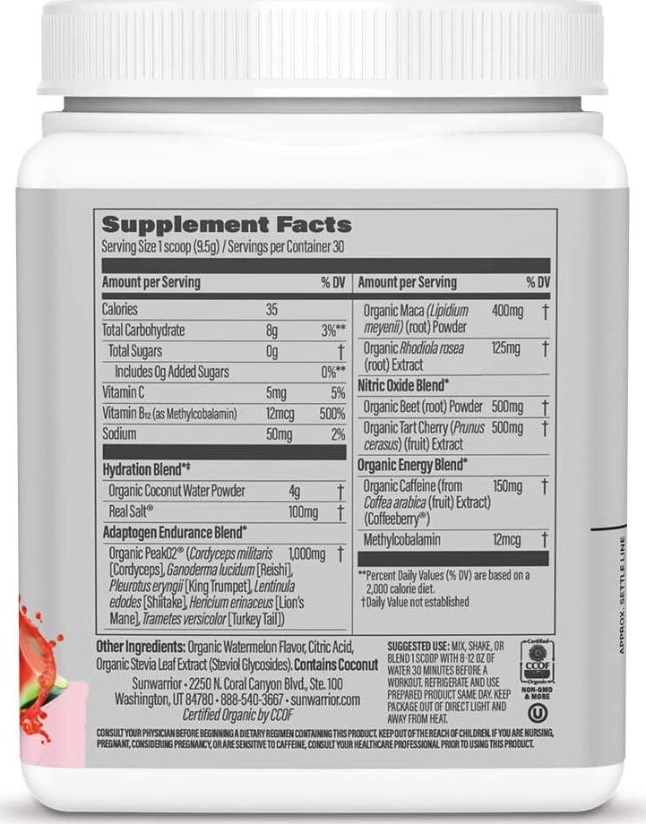 Vegan Pre Workout Energy Drink | Pre Workout for Women and Men Keto Plant Based Organic | Watermelon Wave 10 Oz | Active Energy Powder for Endurance Immunity and Hydration by Sunwarrior