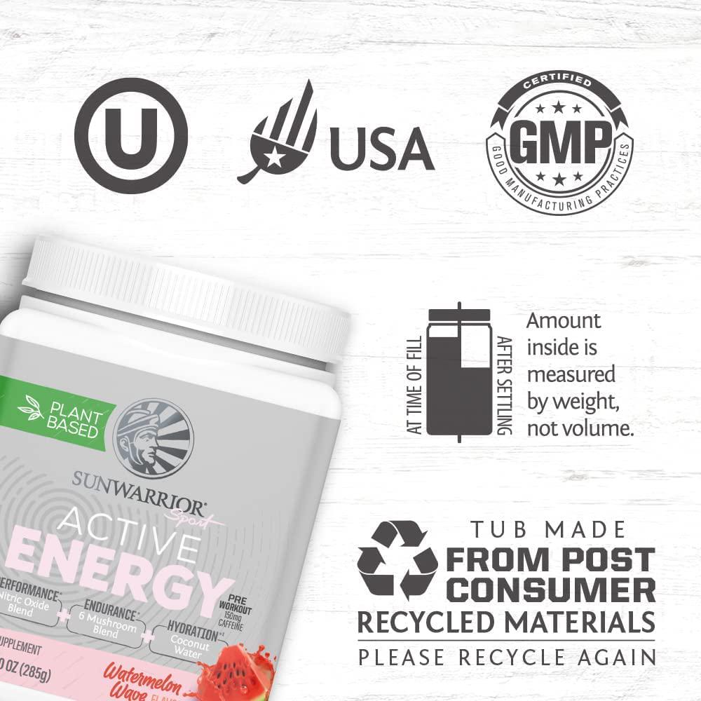 Vegan Pre Workout Energy Drink | Pre Workout for Women and Men Keto Plant Based Organic | Watermelon Wave 10 Oz | Active Energy Powder for Endurance Immunity and Hydration by Sunwarrior
