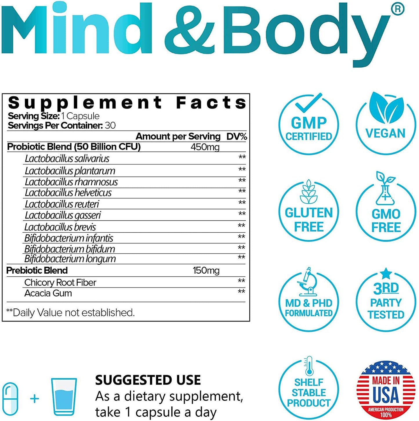 Vegan Probiotic 50 Billion CFU Prebiotics and Probiotics for Men, Probiotics for Women Digestive Health and Gut Health |10 Probiotic strains Bifidobacterium and Lactobacillus Supplement for Men and Women